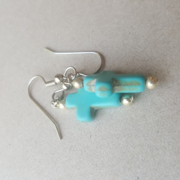 Turquoise Cross Earrings Western Boho Antiques Stone Howlite - Picture 8 of 8